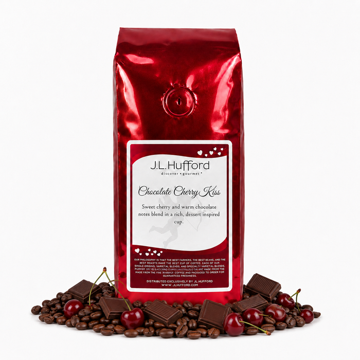 1 lb J.L. Hufford Chocolate Cherry Kiss coffee bag with coffee beans, chocolate bars, and cherries on a white background