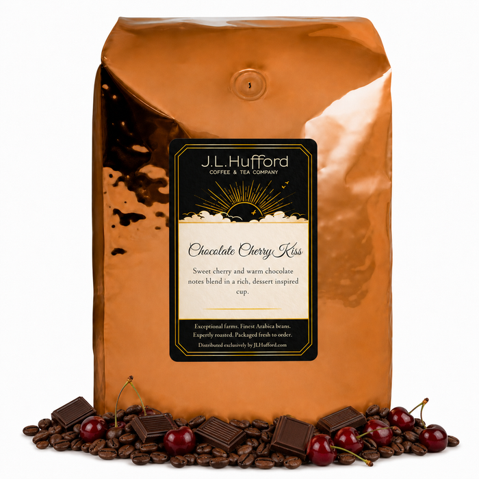 5 lb J.L. Hufford Chocolate Cherry Kiss coffee bag with coffee beans, chocolate bars, and cherries on a white background