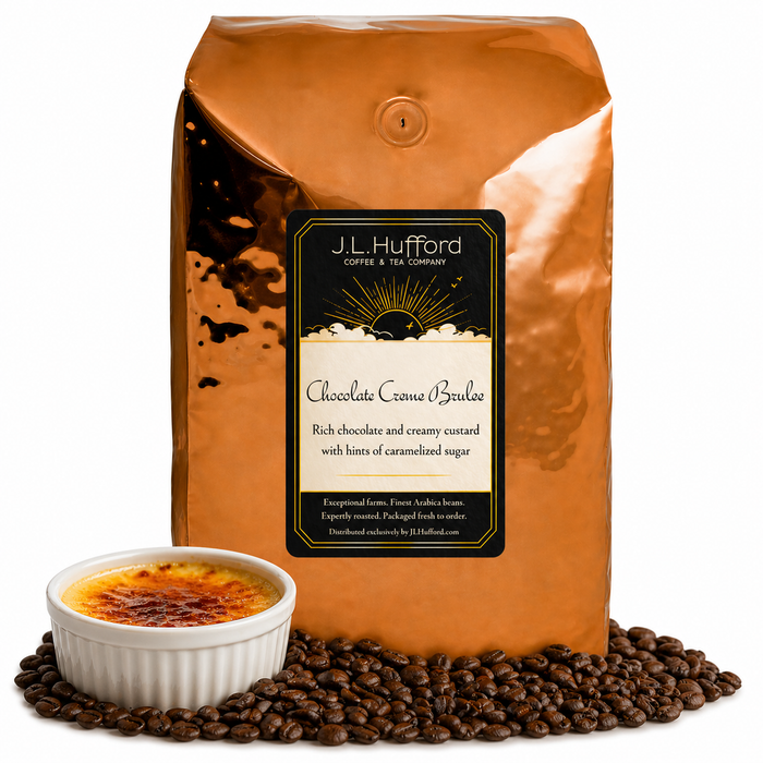 5 lb J.L. Hufford Chocolate Creme Brulee Coffee with coffee beans and creme brulee in front displayed on a white background
