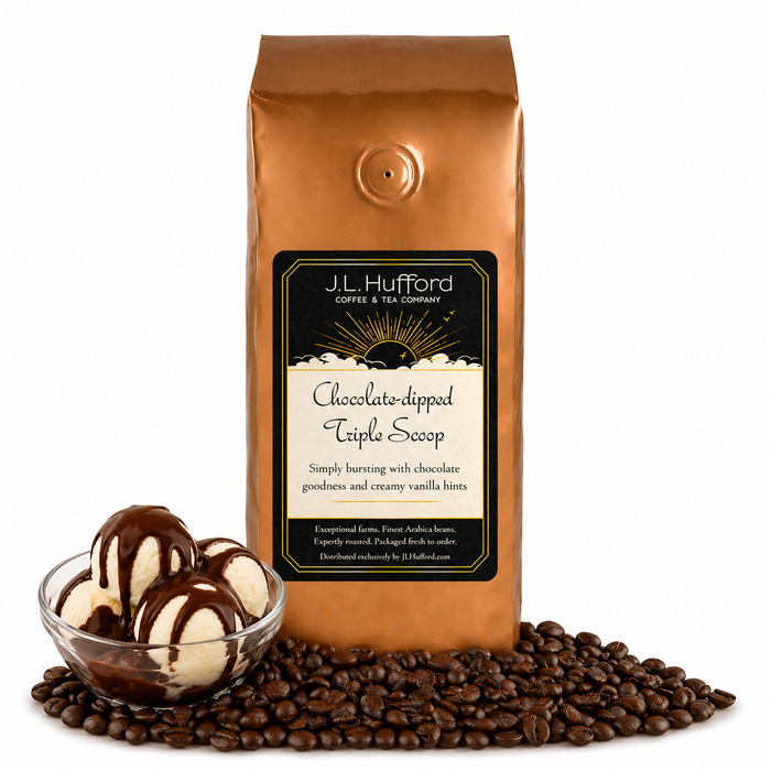 1 lb J.L. Hufford Chocolate-Dipped Triple Scoop Coffee bag with coffee beans and 4 vanilla scoops topped with chocolate syrup in front displayed on a white background