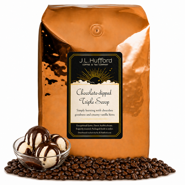 5 lb J.L. Hufford Chocolate-Dipped Triple Scoop Coffee bag with coffee beans and 4 vanilla scoops topped with chocolate syrup in front displayed on a white background