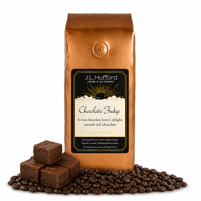 1 lb J.L. Hufford Chocolate Fudge Coffee bag with coffee beans and blocks of chocolate fudge in front displayed on a white background