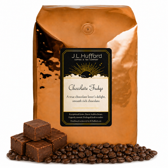 5 lb J.L. Hufford Chocolate Fudge Coffee bag with coffee beans and blocks of chocolate fudge in front displayed on a white background