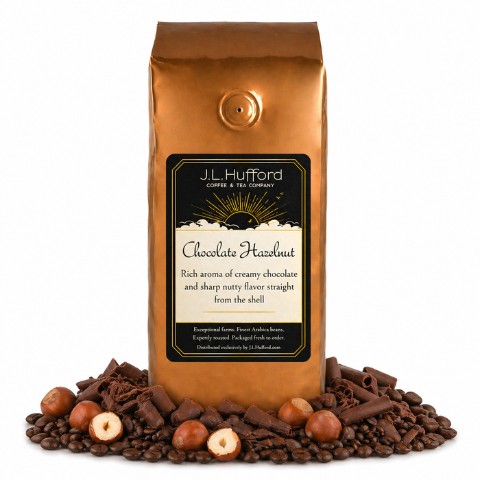 1 lb Chocolate Hazelnut coffee beans bag with chocolate, coffee beans, and hazelnuts on a white background
