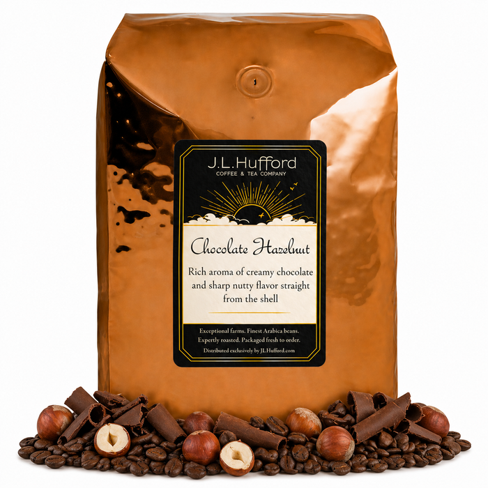 1 lb Chocolate Hazelnut coffee beans bag with chocolate, coffee beans, and hazelnuts on a white background