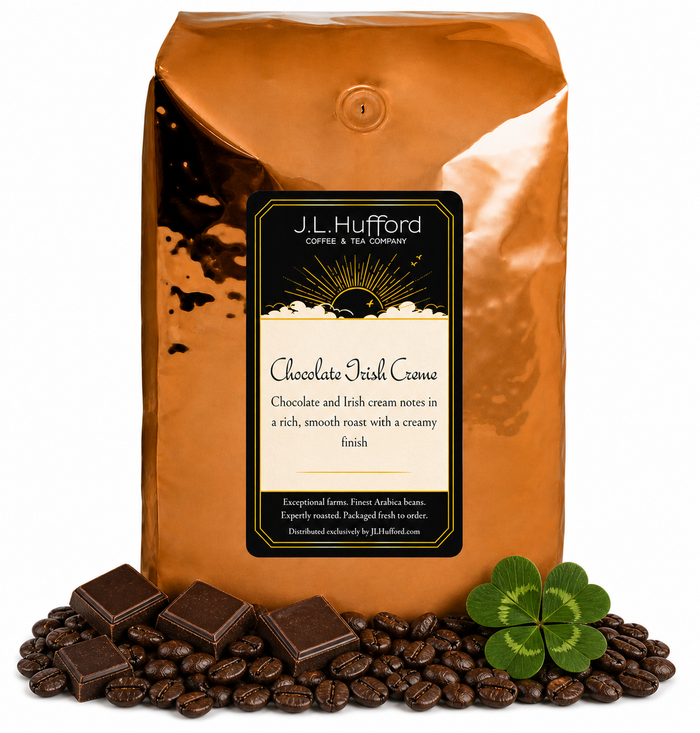 5 lb Chocolate Irish Creme coffee beans bag with coffee beans, blocks of chocolate, and four-leaf clover in front displayed on a white background