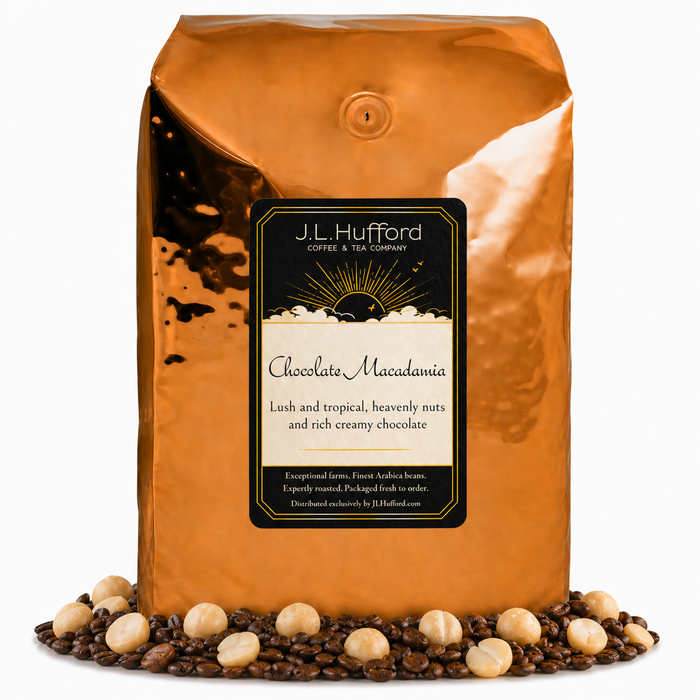 5 lb J.L. Hufford Chocolate Macadamia Coffee beans bag with coffee beans and macadamia in front displayed on a white background