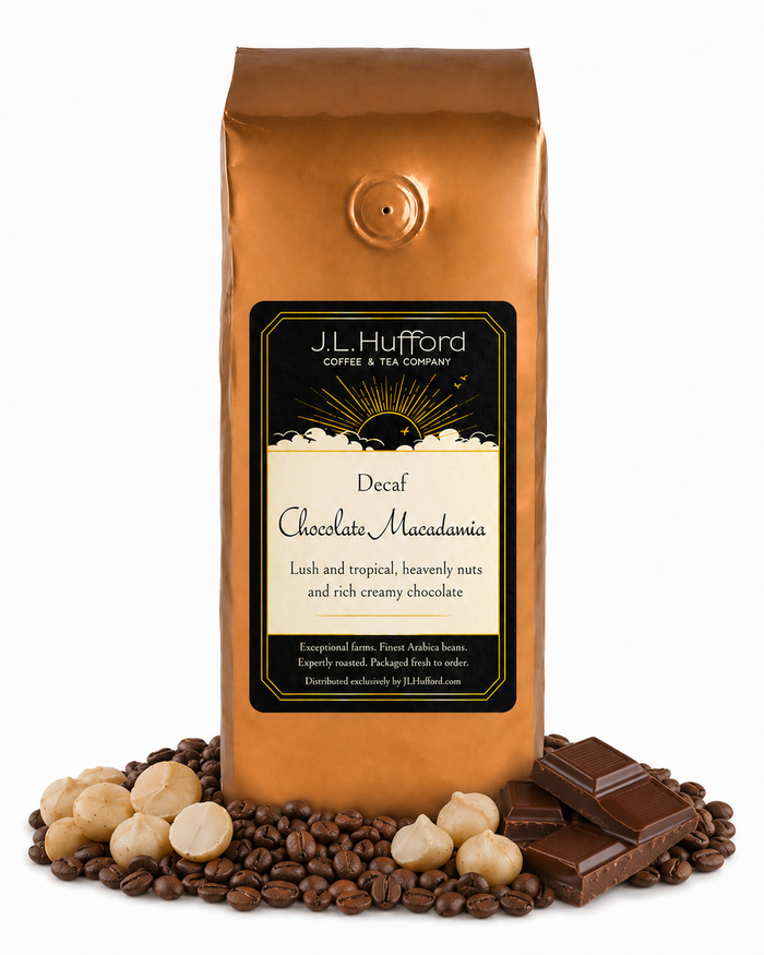 1 lb J.L. Hufford Decaf Chocolate Macadamia Coffee beans bag with coffee beans, chocolate bar, and macadamia in front displayed on a white background