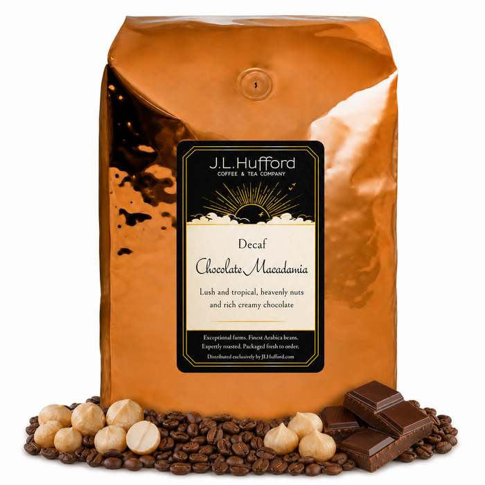 5 lb J.L. Hufford Decaf Chocolate Macadamia Coffee beans bag with coffee beans, chocolate bar, and macadamia in front displayed on a white background