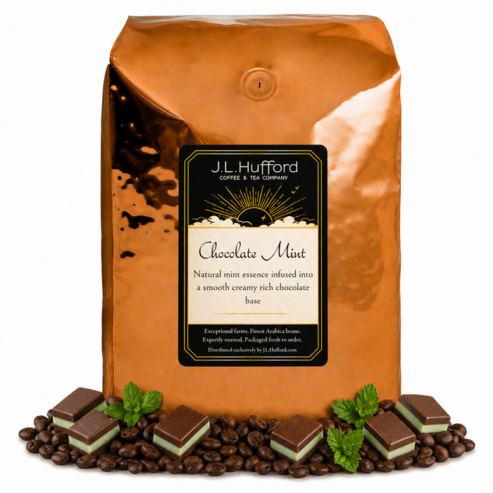 5 lb J.L. Hufford Chocolate Mint Coffee beans bag with coffee beans and chocolate mint blocks in front displayed on a white background