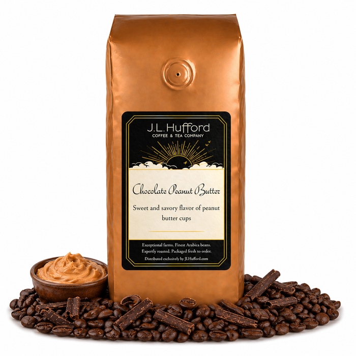 1 lb J.L. Hufford Chocolate Peanut Butter Coffee beans bag with coffee beans, chocolate, and bowl of peanut butter in front displayed on a white background