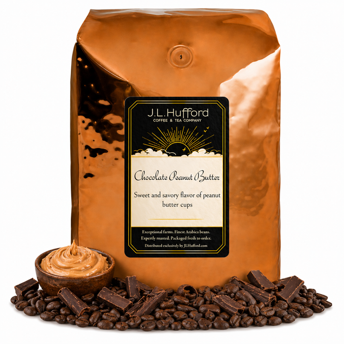 5 lb J.L. Hufford Chocolate Peanut Butter Coffee beans bag with coffee beans, chocolate, and bowl of peanut butter in front displayed on a white background