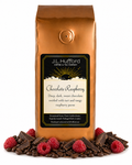 1 lb Chocolate Raspberry coffee beans bag with chocolate, raspberries, and coffee beans in front displayed on a white background