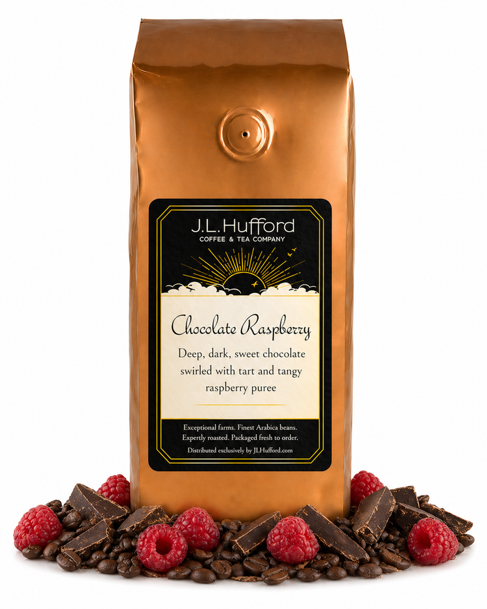 1 lb Chocolate Raspberry coffee beans bag with chocolate, raspberries, and coffee beans in front displayed on a white background