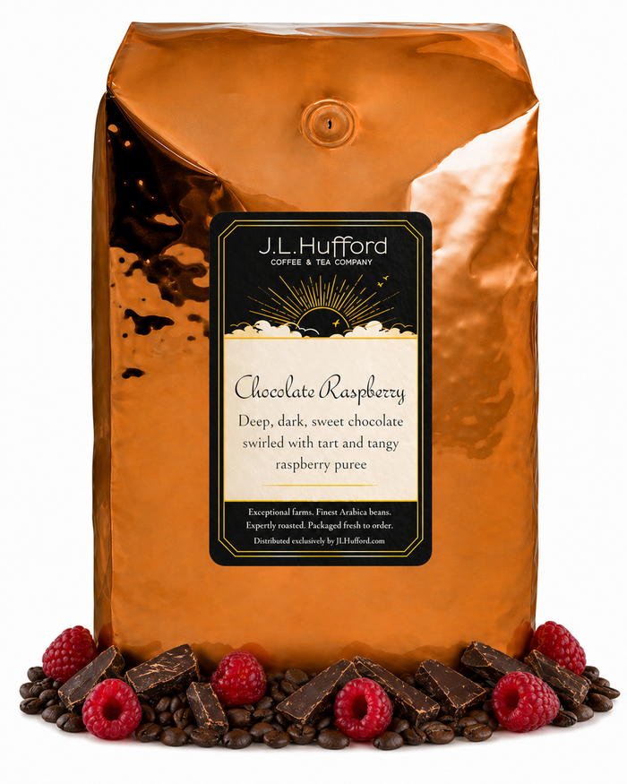5 lb Chocolate Raspberry coffee beans bag with chocolate, raspberries, and coffee beans in front displayed on a white background