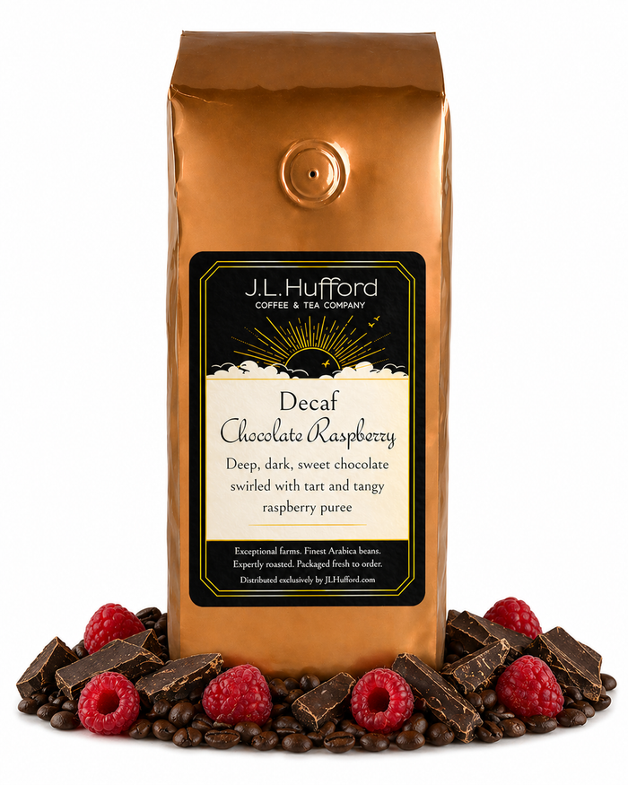 1 lb Decaf Chocolate Raspberry coffee beans bag with chocolate, raspberries, and coffee beans in front displayed on a white background
