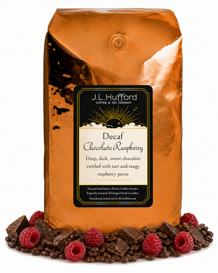 5 lb Decaf Chocolate Raspberry coffee beans bag with chocolate, raspberries, and coffee beans in front displayed on a white background
