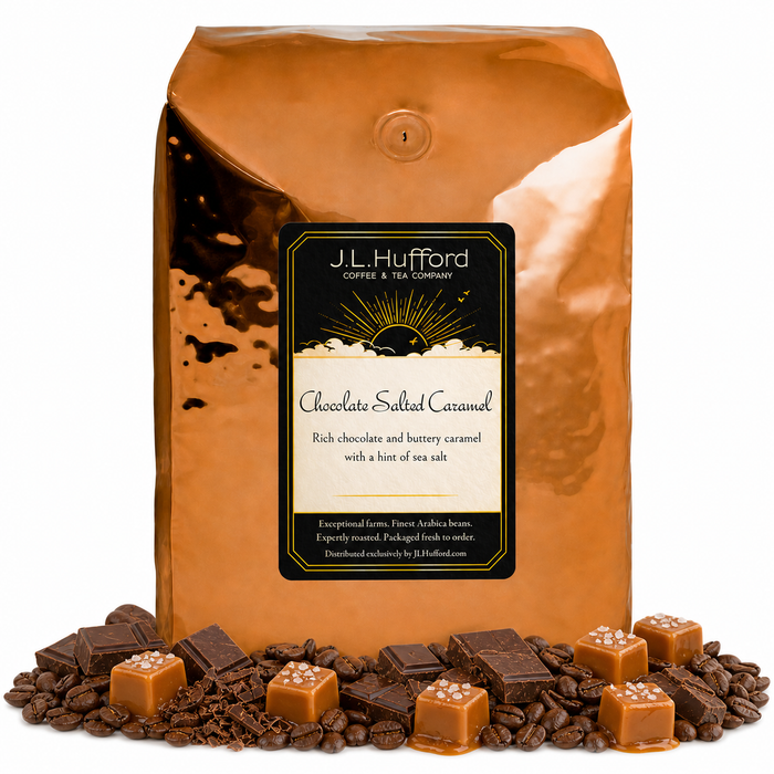 5 lb Chocolate Salted Caramel coffee beans bag with coffee beans, blocks of chocolate, and blocks of salted caramel in front displayed on a white background