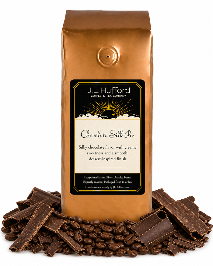 1 lb Chocolate Silk Pie coffee beans bag with coffee beans and chocolate shavings in front displayed on a white background