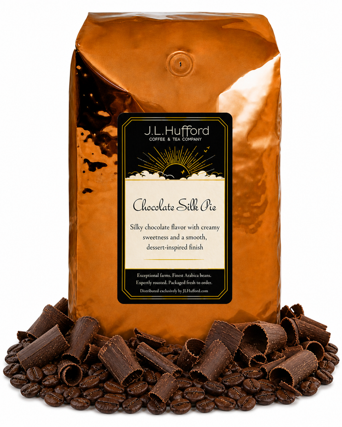 5 lb Chocolate Silk Pie coffee beans bag with coffee beans and chocolate shavings in front displayed on a white background
