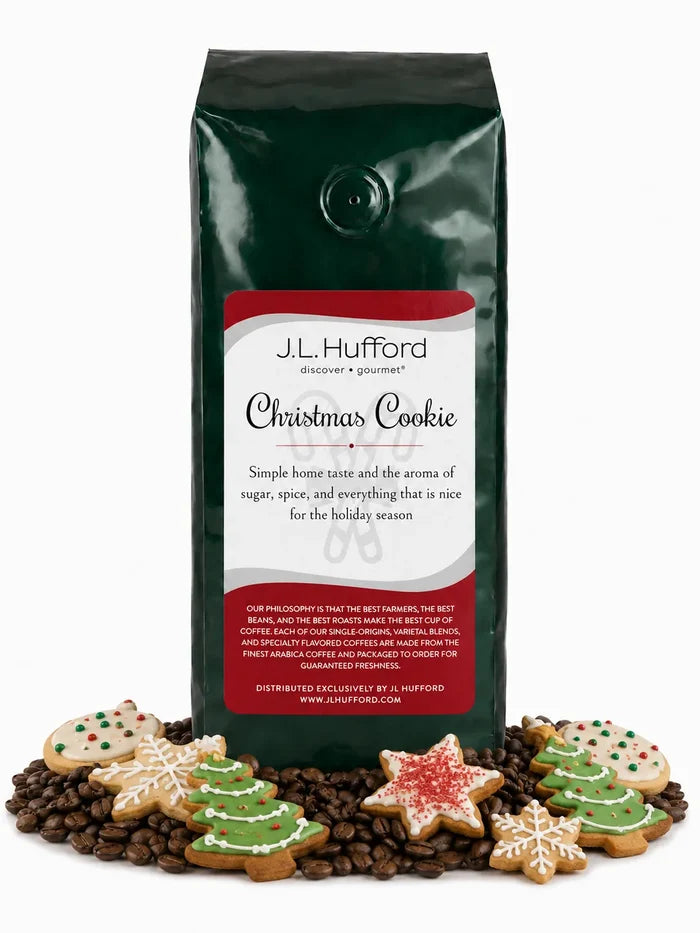 1 lb Christmas Cookie coffee beans bag with coffee beans and Christmas cookies in front displayed on a white background
