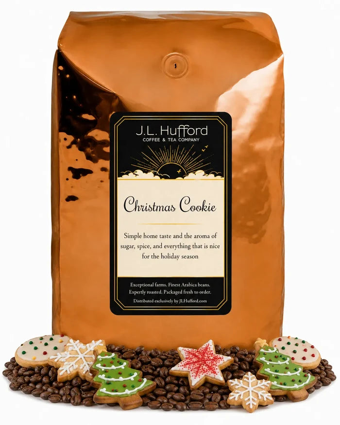 5 lb Christmas Cookie coffee beans bag with coffee beans and Christmas cookies in front displayed on a white background