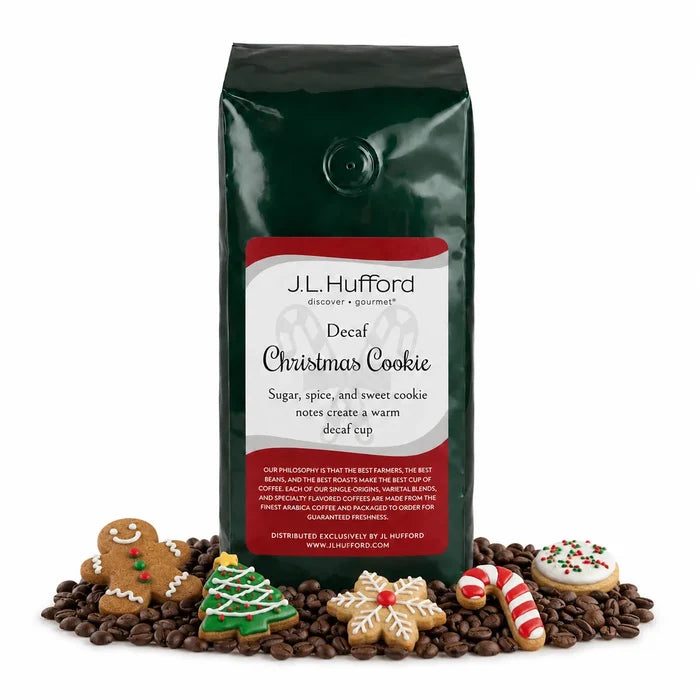 1 lb Decaf Christmas Cookie coffee beans bag with coffee beans and Christmas cookies in front displayed on a white background