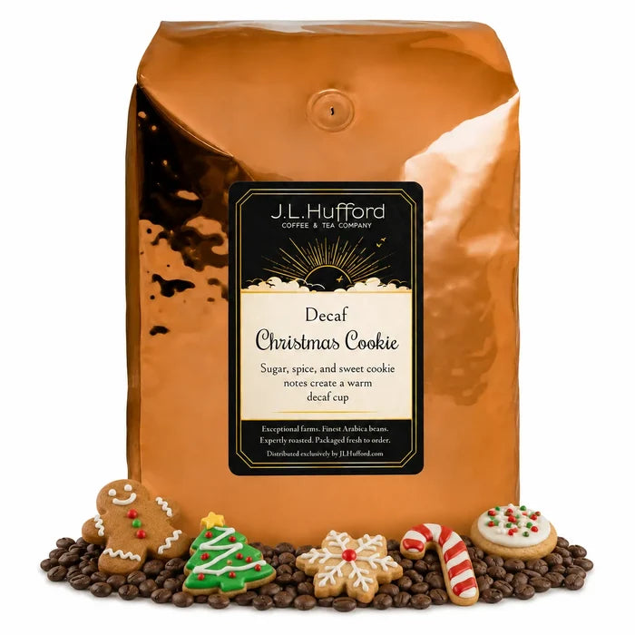 5 lb Decaf Christmas Cookie coffee beans bag with coffee beans and Christmas cookies in front displayed on a white background