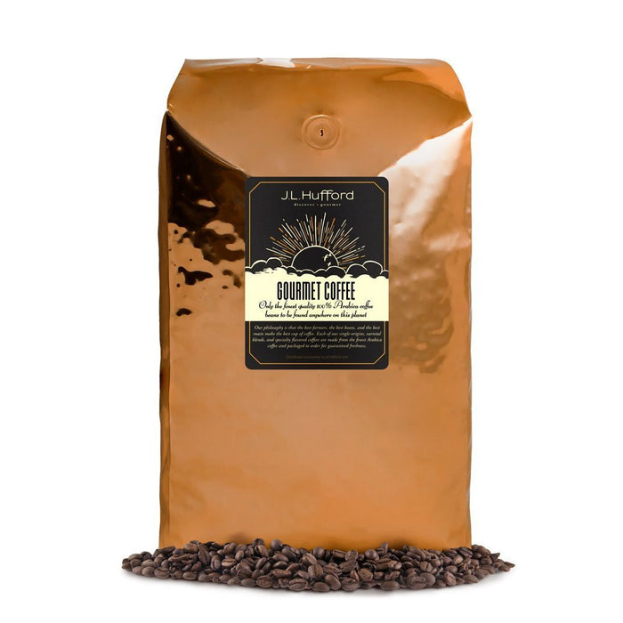 5 lb decaf coffee beans bag with coffee beans in front displayed on a white background