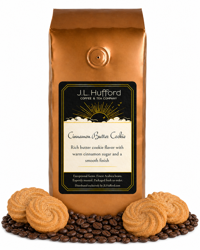 1 lb Cinnamon Butter Cookie coffee beans bag with coffee beans and cinnamon butter cookies in front displayed on a white background