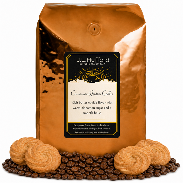 5 lb Cinnamon Butter Cookie coffee beans bag with coffee beans and cinnamon butter cookies in front displayed on a white background