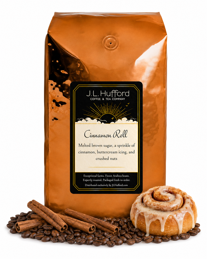 5 lb Cinnamon Roll coffee beans bag with coffee beans, cinnamon sticks, and cinnamon roll in front displayed on a white background