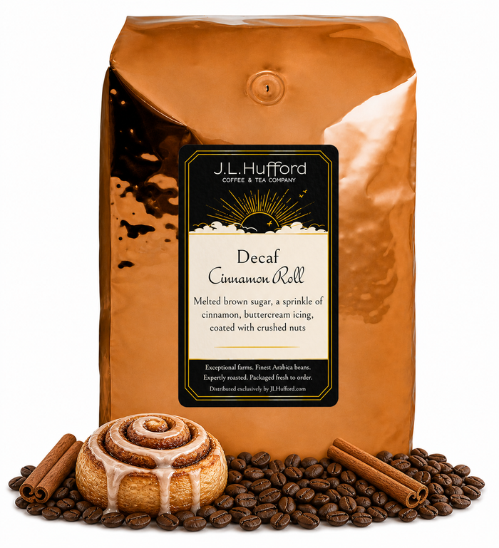 5 lb Decaf Cinnamon Roll coffee beans bag with coffee beans, cinnamon sticks, and cinnamon roll in front displayed on a white background