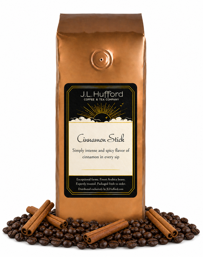 1 lb Cinnamon Stick coffee beans bag with coffee beans and cinnamon sticks in front displayed on a white background