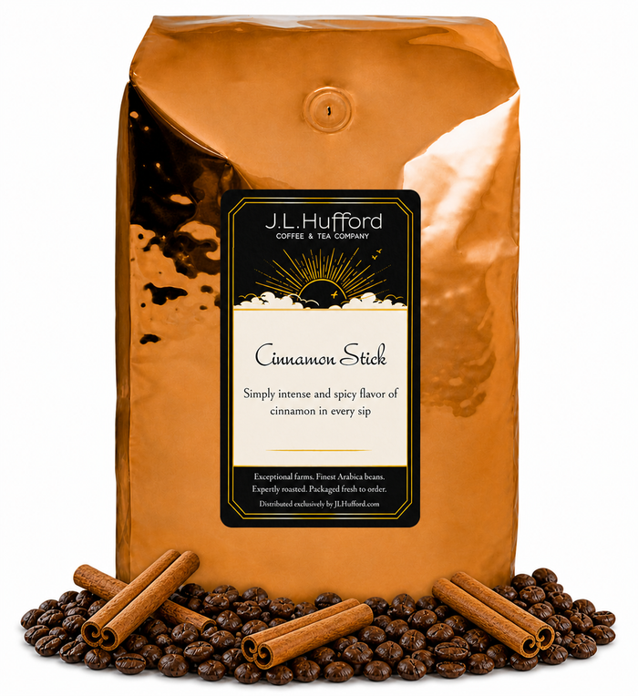 5 lb Cinnamon Stick coffee beans bag with coffee beans and cinnamon sticks in front displayed on a white background