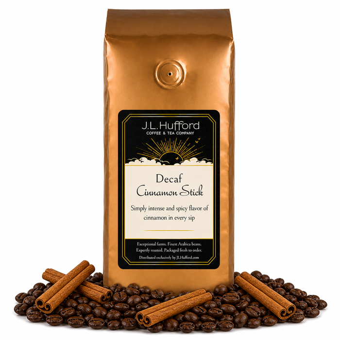 1 lb Decaf Cinnamon Stick coffee beans bag with coffee beans and cinnamon sticks in front displayed on a white background