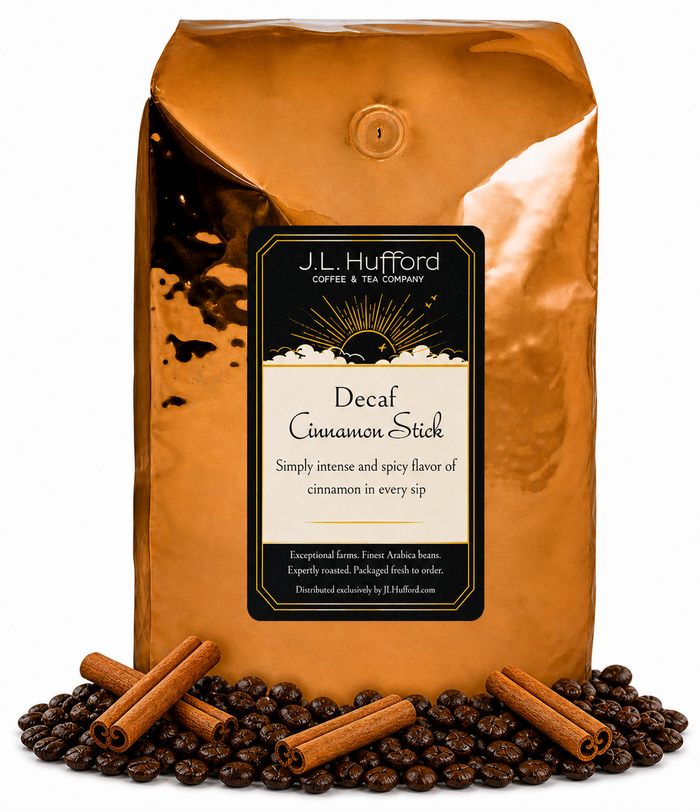 5 lb Decaf Cinnamon Stick coffee beans bag with coffee beans and cinnamon sticks in front displayed on a white background