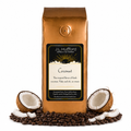 1 lb Coconut coffee beans bag with coffee beans and split coconut in front displayed on a white background
