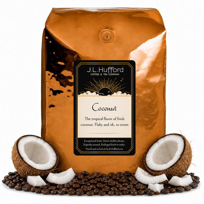 5 lb Coconut coffee beans bag with coffee beans and split coconut in front displayed on a white background