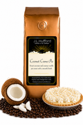 1 lb Coconut Creme Pie coffee beans bag with coffee beans, split coconut, and vanilla cream pie in front displayed on a white background