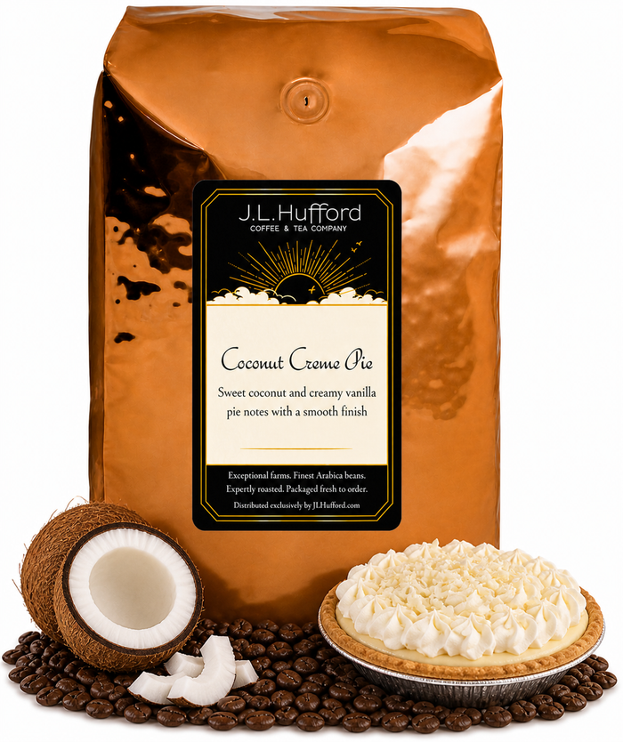 5 lb Coconut Creme Pie coffee beans bag with coffee beans, split coconut, and vanilla cream pie in front displayed on a white background