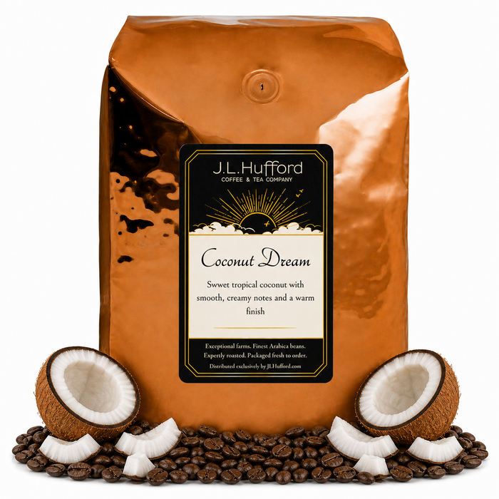 5 lb Coconut Dream coffee beans bag with coffee beans and split coconut in front displayed on a white background