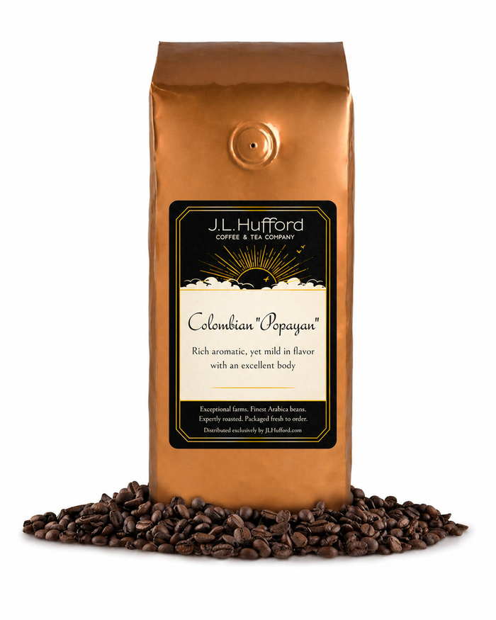 1 lb Colombian "Popayan" coffee beans bag with coffee beans in front displayed on a white background