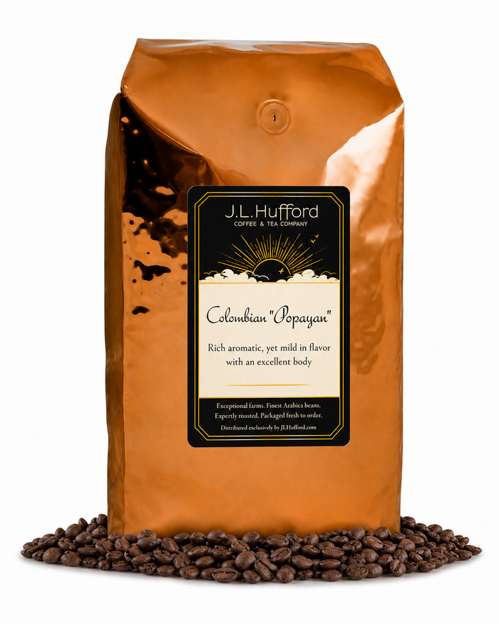 5 lb Colombian "Popayan" coffee beans bag with coffee beans in front displayed on a white background