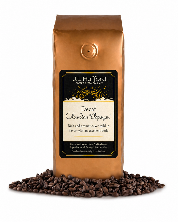 1 lb Decaf Colombian "Popayan" coffee beans bag with coffee beans in front displayed on a white background
