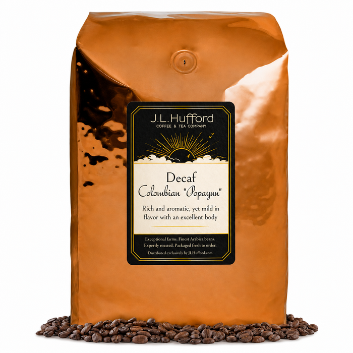 5 lb Decaf Colombian "Popayan" coffee beans bag with coffee beans in front displayed on a white background