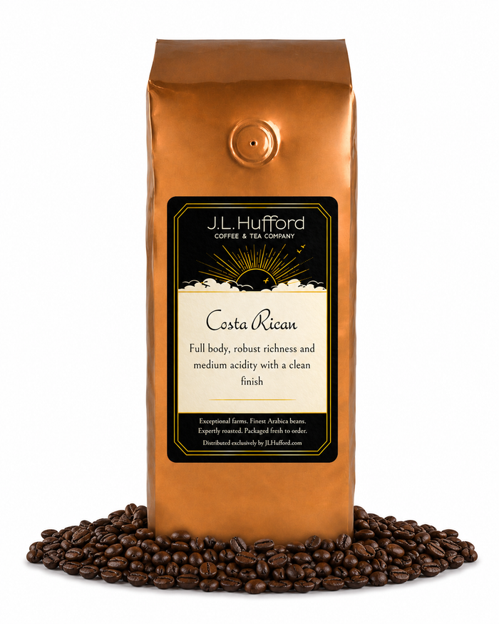 1 lb Costa Rican coffee beans bag with coffee beans in front displayed on a white background