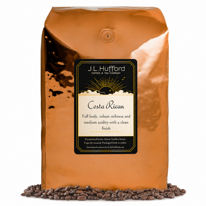 5 lb Costa Rican coffee beans bag with coffee beans in front displayed on a white background