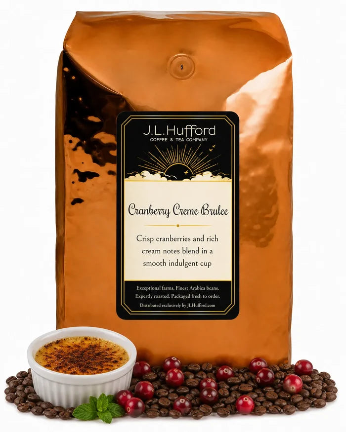 5 lb Cranberry Creme Brulee coffee beans bag with coffee beans, cranberries, and creme brulee in front displayed on a white background
