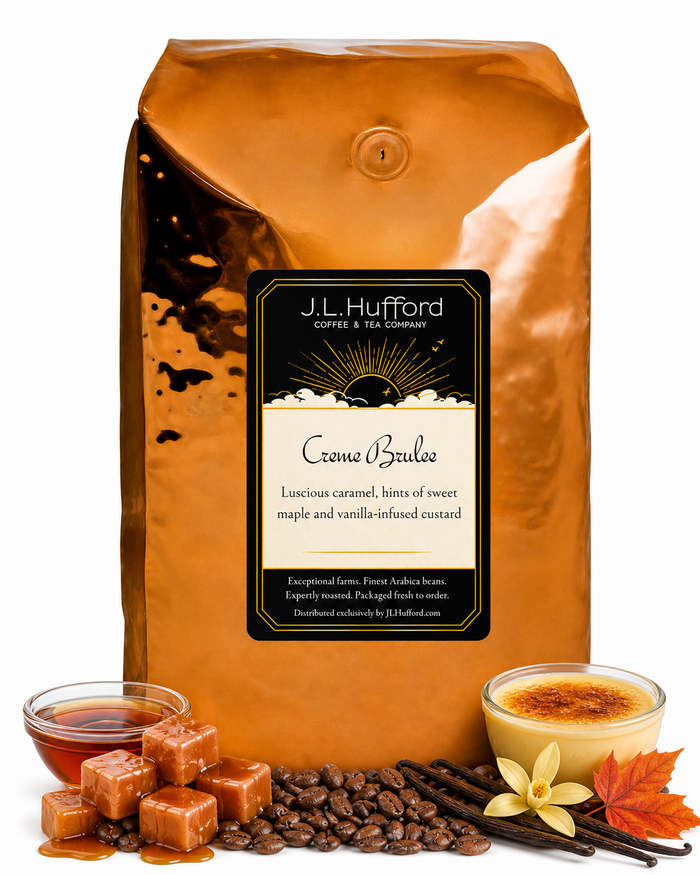 5 lb Creme Brulee coffee beans bag with coffee beans, blocks of caramel, maple syrup, vanilla sticks, and custard in front displayed on a white background